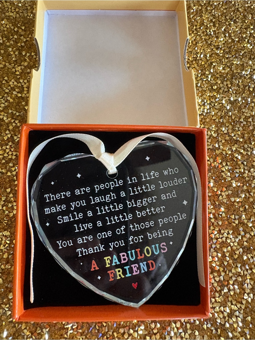 A Fabulous Friend NWT Heart Keepsake - Multicolor Text with gift box.